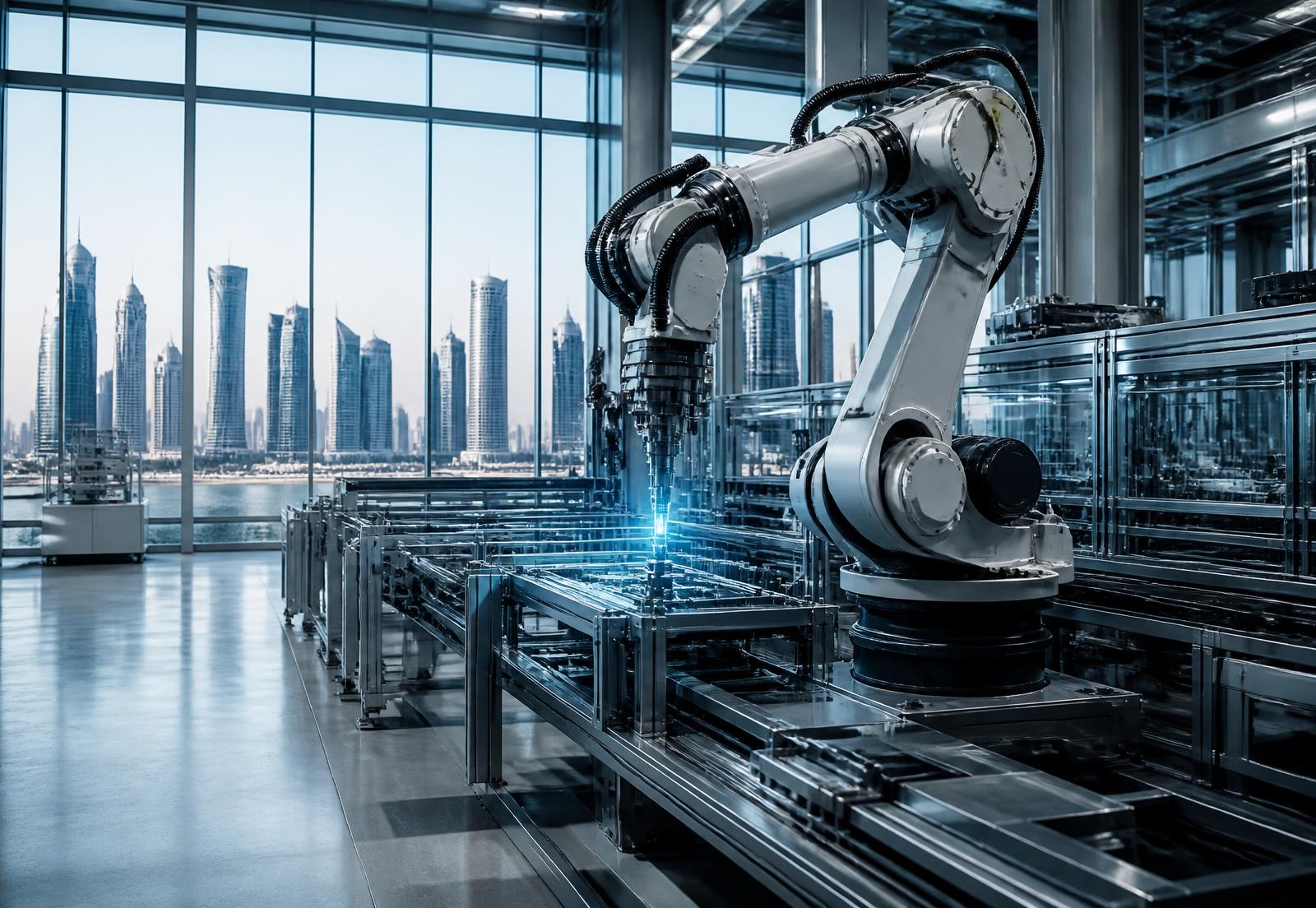 Robotic arm operating on a clean production line inside a modern industrial facility with a Doha skyline beyond the glass façade